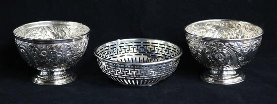 A pair of Edwardian repousse silver bowls by Fenton Brothers Ltd, Sheffield, 1901/2 and one other silver bowl. 12 oz.